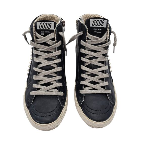Golden Goose Slide Studded High Top Zip Up Sneaker Black Leather Size 37 US 7 - Picture 4 of 11
